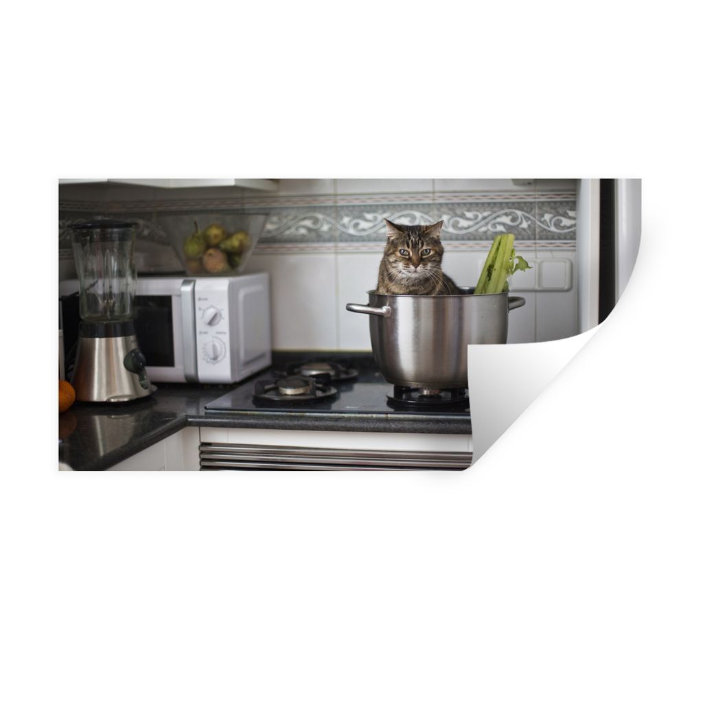 MuchoWow Wandtattoo Wandsticker Wandaufkleber Katze - Pfanne - Küche 160x80 cm Selbstklebend und Repositionierbar - Sticker - Dekorfolie