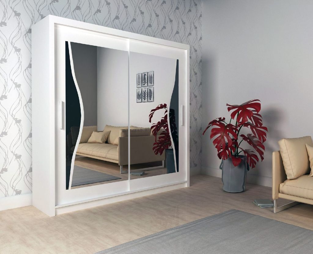 Schiebetürenschrank BATUMI 200 Weiß mit Spiegiel Kleiderschrank Schwebetürenschrank mit Einlagenboden Garderobe mit Stange