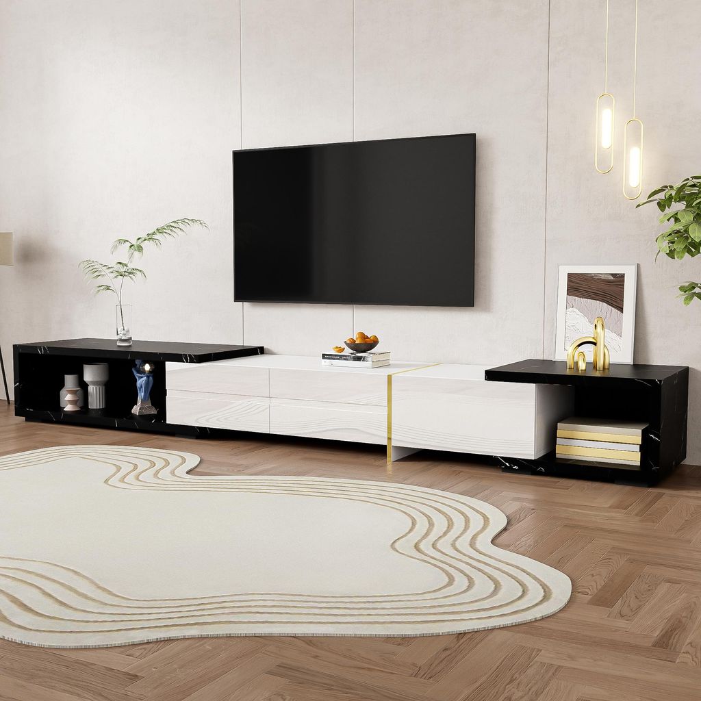Höhenverstellbarer TV-Ständer 140–260 cm – 3 Klapptüren – Schwarzer Marmor-Look – Weiß und Schwarz