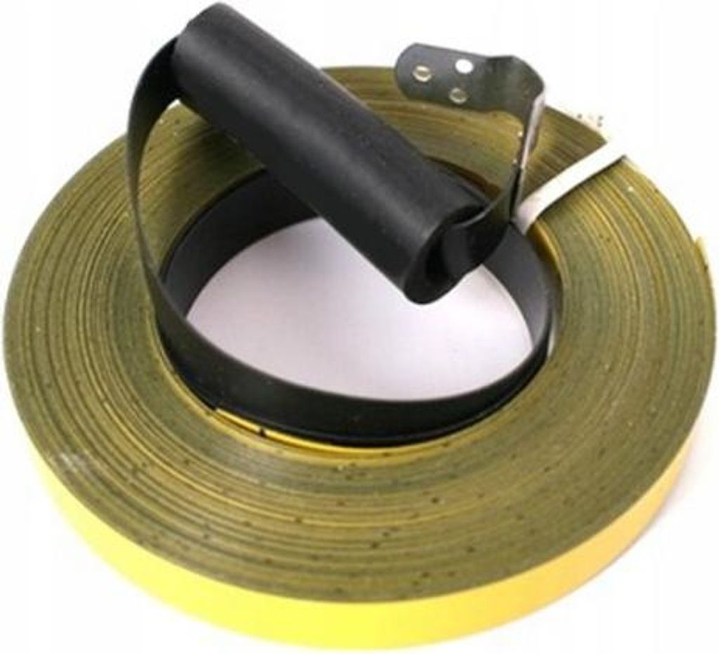 A coiled measuring tape with a black handle and a metal bracket.