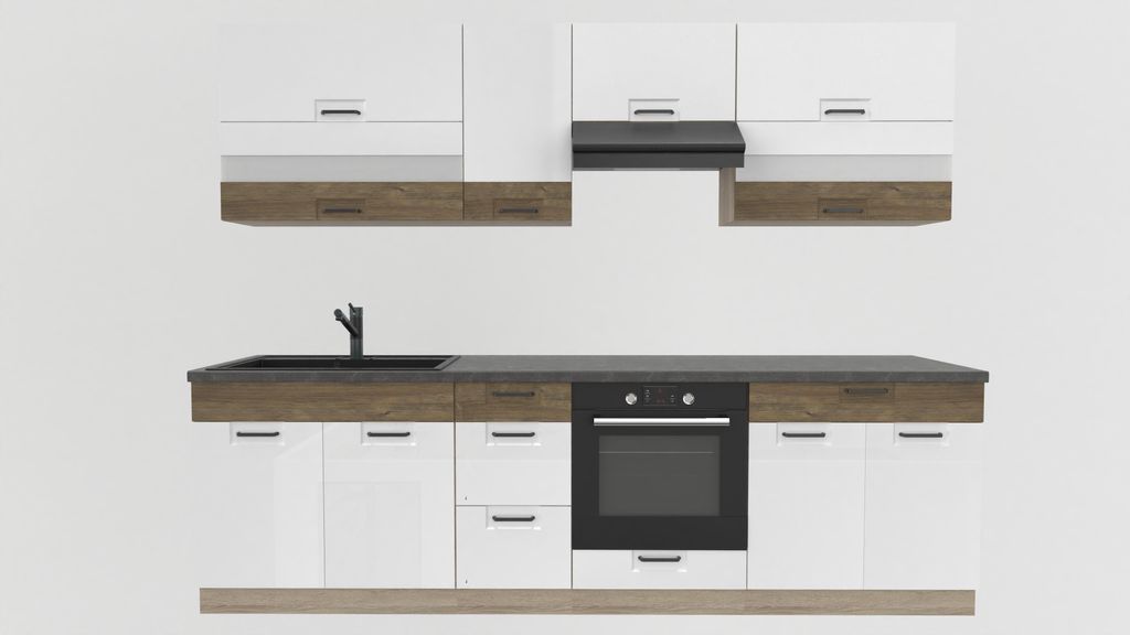 Küchenzeile 270 cm - FAVORIT A PLUS - Weiß Hochglanz und Sonoma Eiche - Arbeitsplatte Dunkelbraun - Einbauküche mit Metallbox Schubladen - Singl...