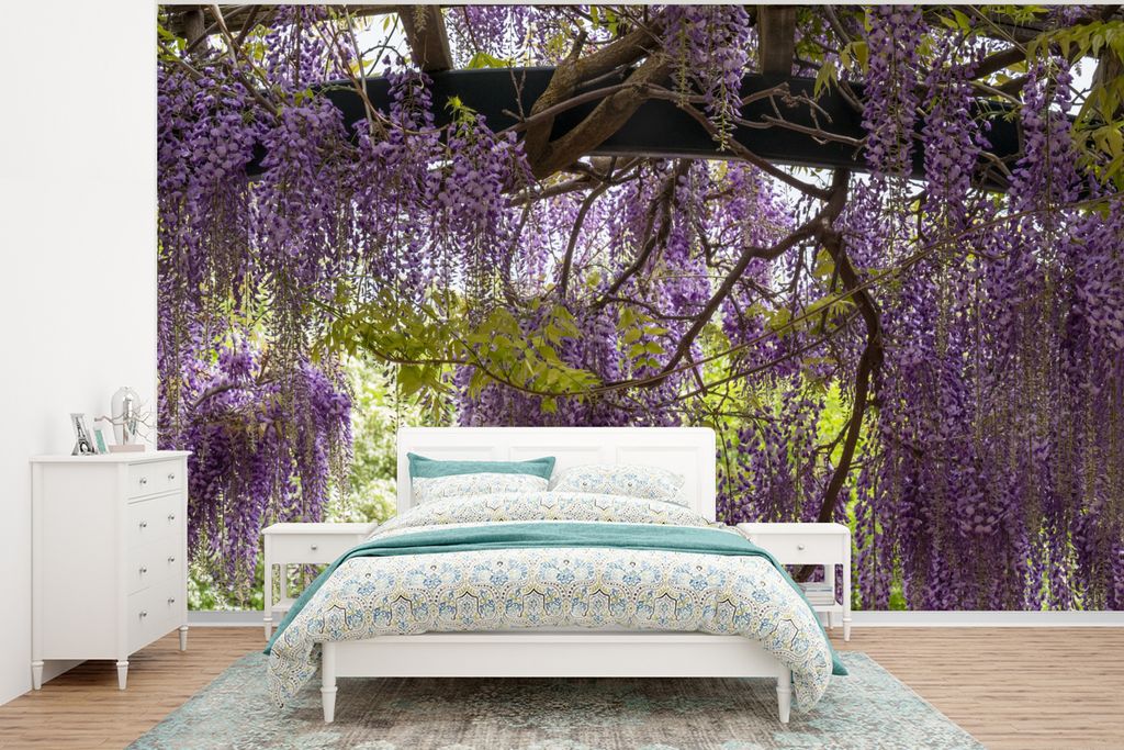 MuchoWow Fototapete für Wohnzimmer oder Schlafzimmer Wandtapete Vinyl Motivtapete Blauer Regen in voller Blüte - 400x300 cm - Papiertapeten