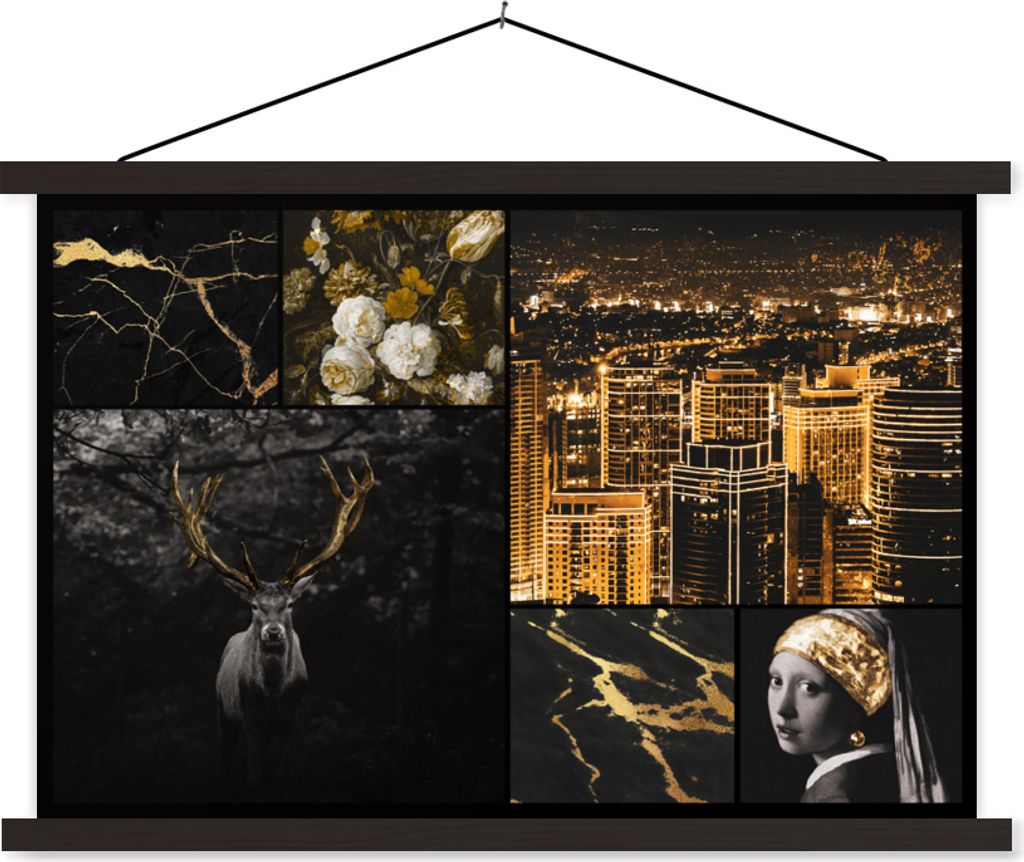 MuchoWow Textilposter Collage - Mädchen mit Perlenohrring - Gold 150x100 cm mit schwarzem Rahmen - Schlafzimmer