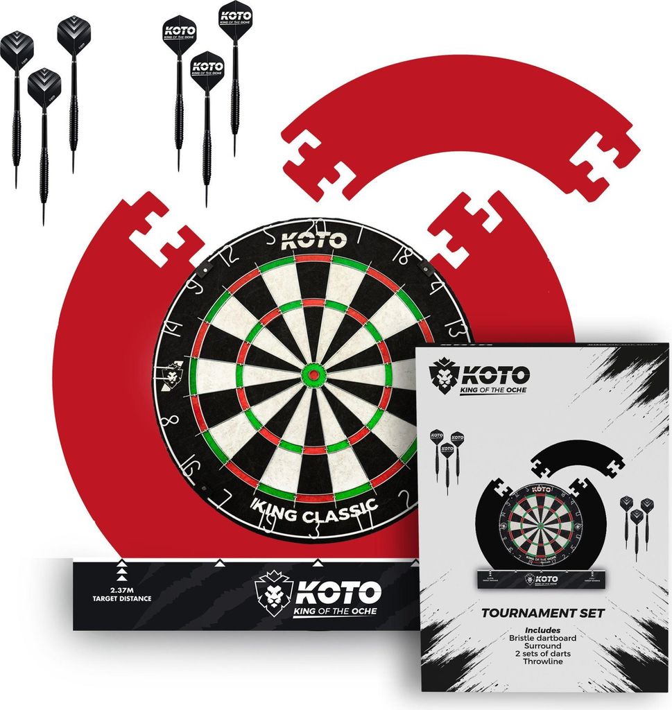 KOTO - Tournament Dartscheibe Set Rot, inkl. Surround, 2 Sätze 23 Gramm Darts, Halterung Dartscheibe & Dart Oche