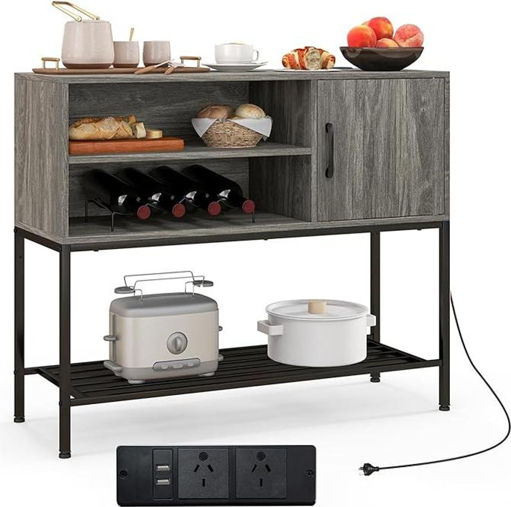 Sideboard mit Ladestation, Retro-Kaffeebar mit unterer Ablage, 2-stufigem offenem Regal, Türschrank & stabilem Metallrahmen, Konsolentisch für K...
