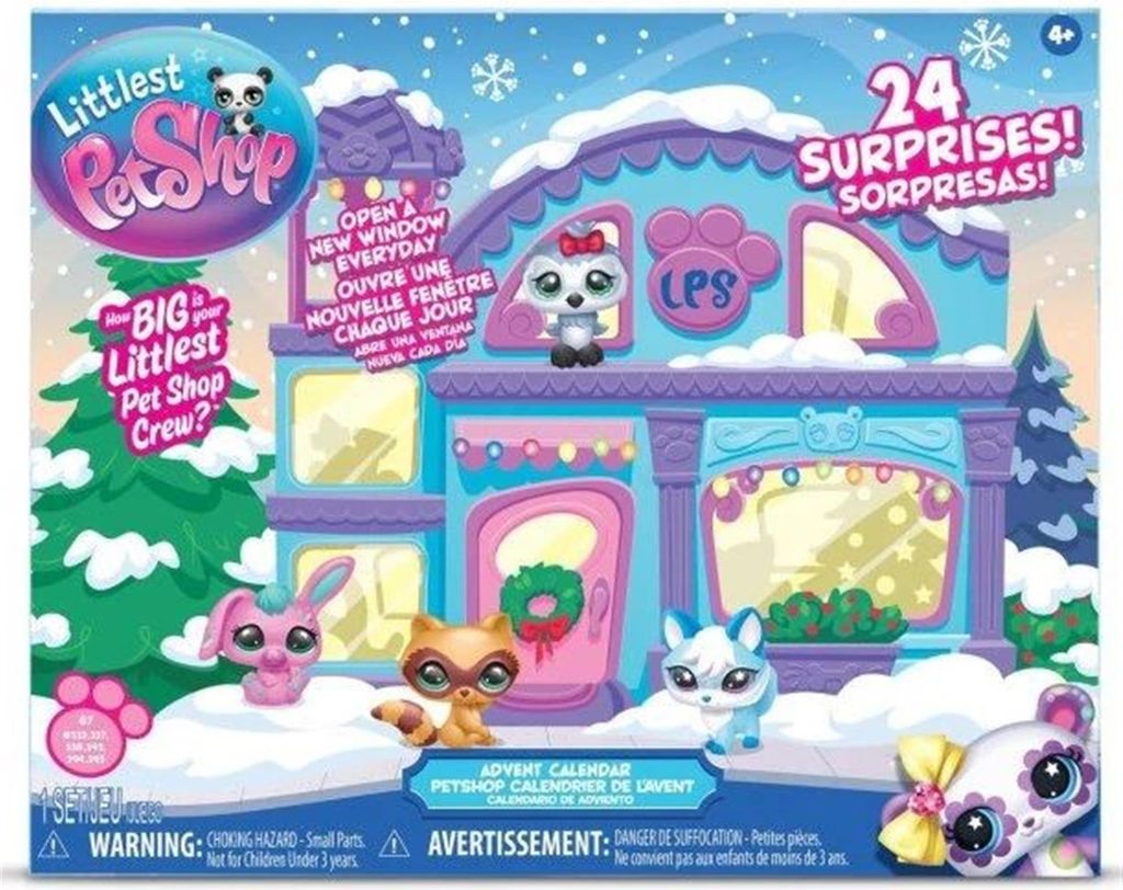The image shows the packaging for a Littlest Pet Shop Advent Calendar, designed to look like a festive pet shop building covered in snow.