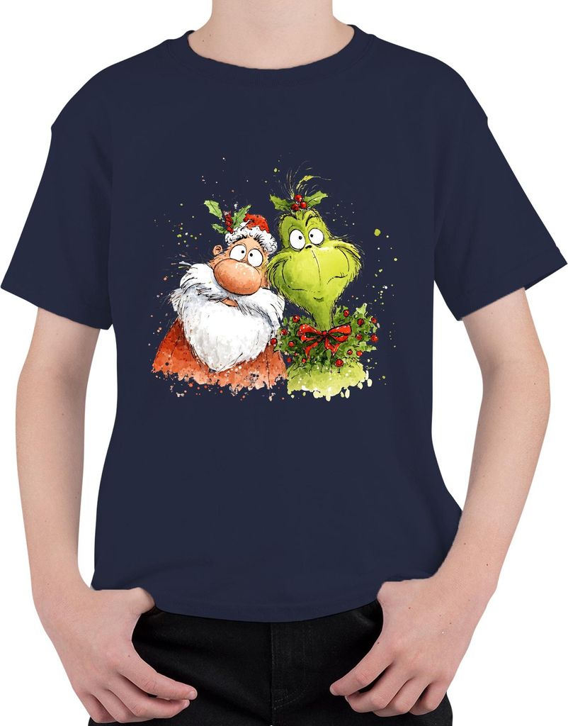 Grinch Weihnachtsmann lustig Weihnachten Kranz Geschenk Cartoon Uni Kinder T-Shirt, Navy, 116