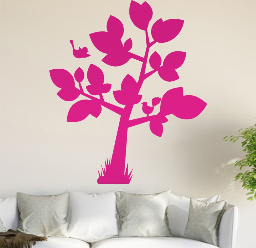 Baum mit großen Blättern - Vögel Wandtattoo in 6 Größen - Wandaufkleber Wall Sticker - Dekoration, Küche, Wohnzimmer, Schlafzimmer, Badezimmer