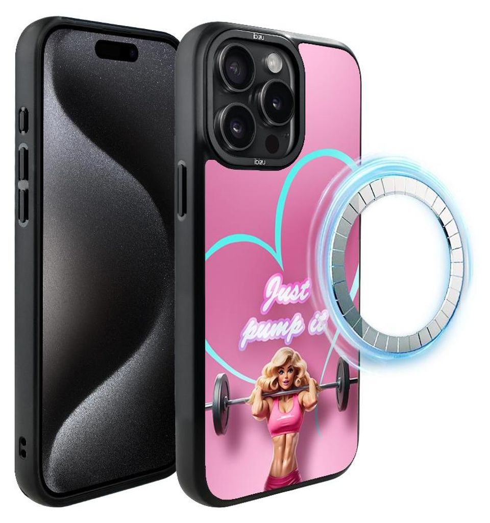 Schutzhülle für das iPhone 15 Pro Max, MagSafe-kompatibel, mattschwarze Seiten, Barbie mit Hantel