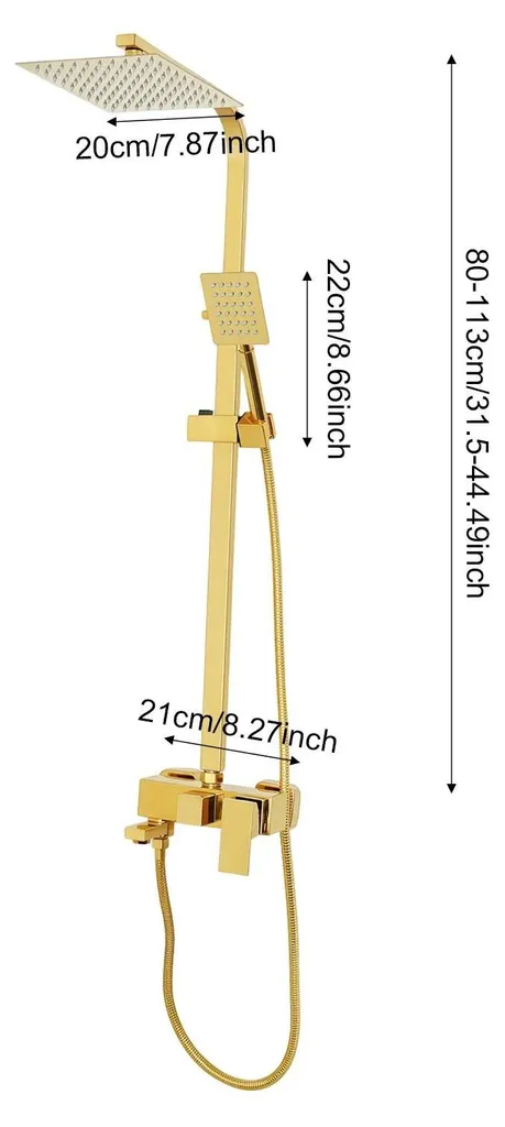 Colonne de douche or réglable en hauteur avec mitigeur et effet pluie