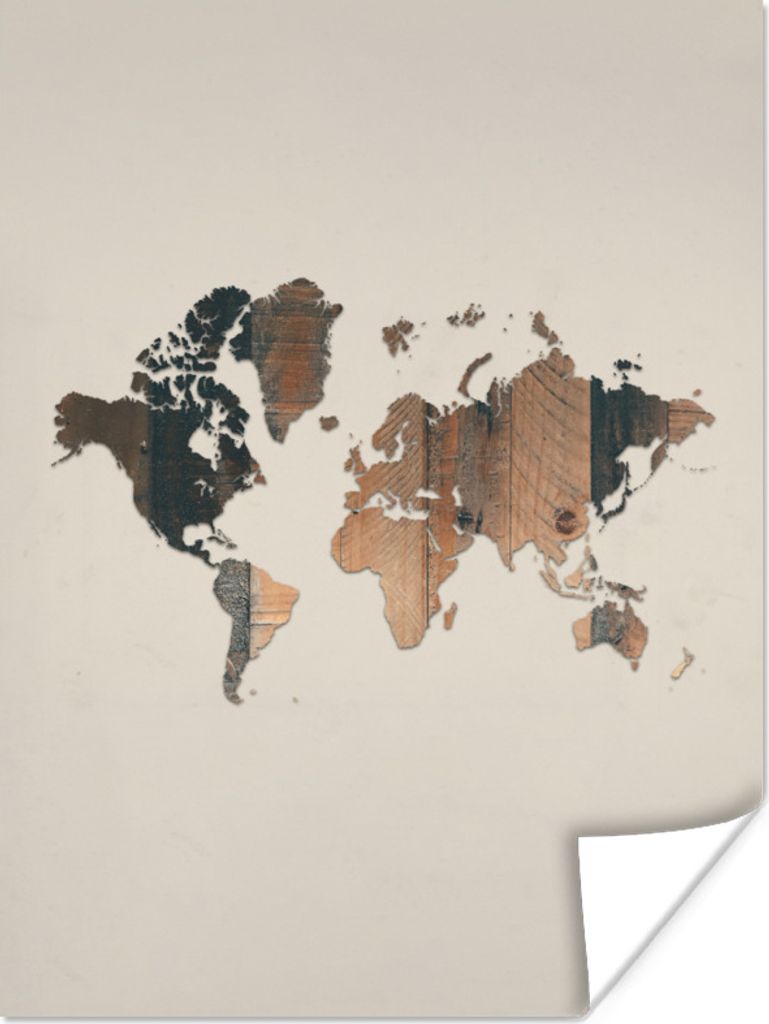 MuchoWow Poster Weltkarte - Holz - Braun 60x80 cm - Schlafzimmer Dekoration