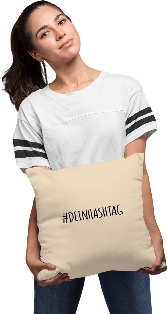 Kissen-Bezug #dein Hashtag individualisierbar bedrucken mit eigenem Text Kissenhülle selbst gestalten Deko-Kissen Baumwolle MoonWorks natur unisize