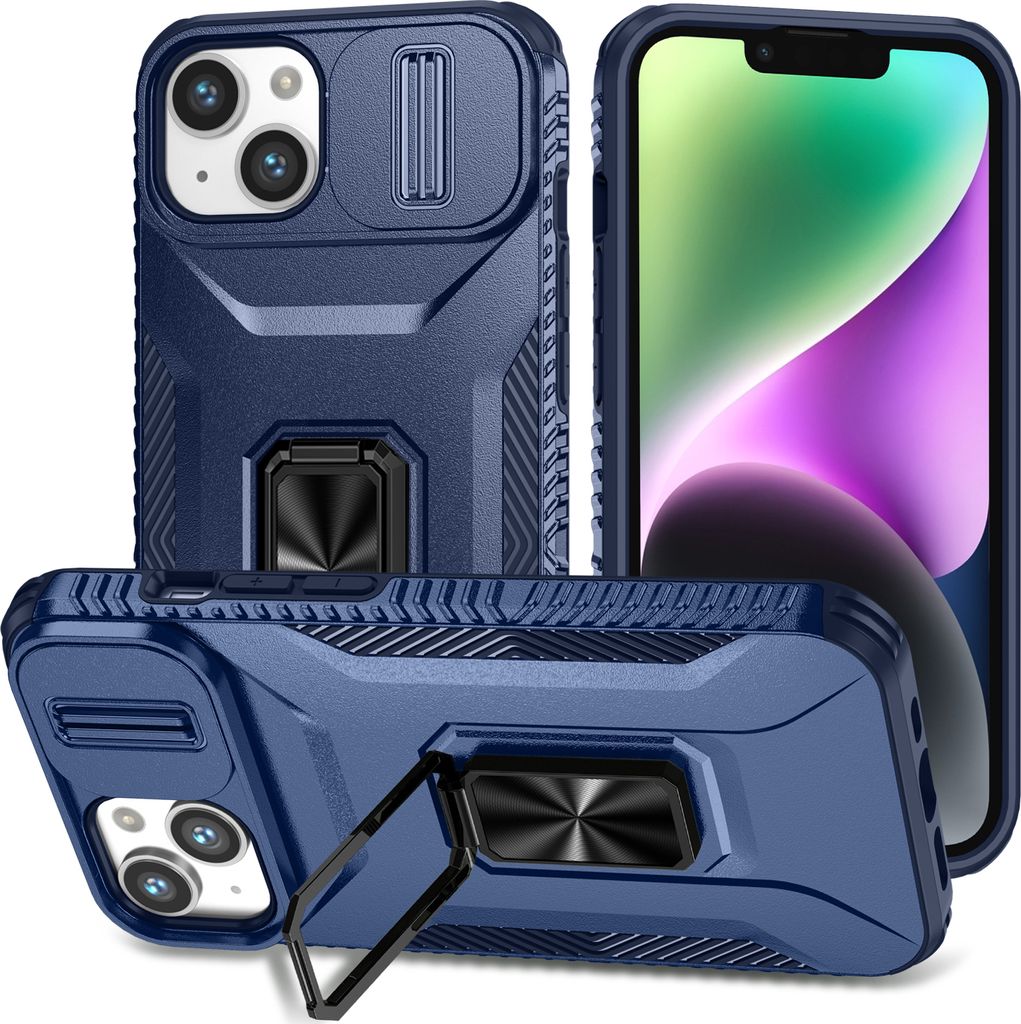 Handyhülle für iPhone 14 Plus Dual Layer Hülle mit Schiebe Kamera Schutz und Ringhalter Ständer Blau