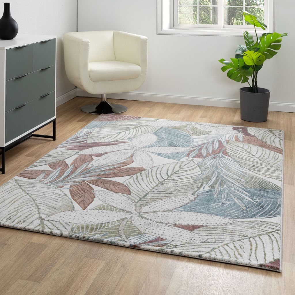 Steffensmeier Kurzflor Teppich Lauro Wohnzimmerteppich Pflanzen Bunt, Größe: 133x195 cm