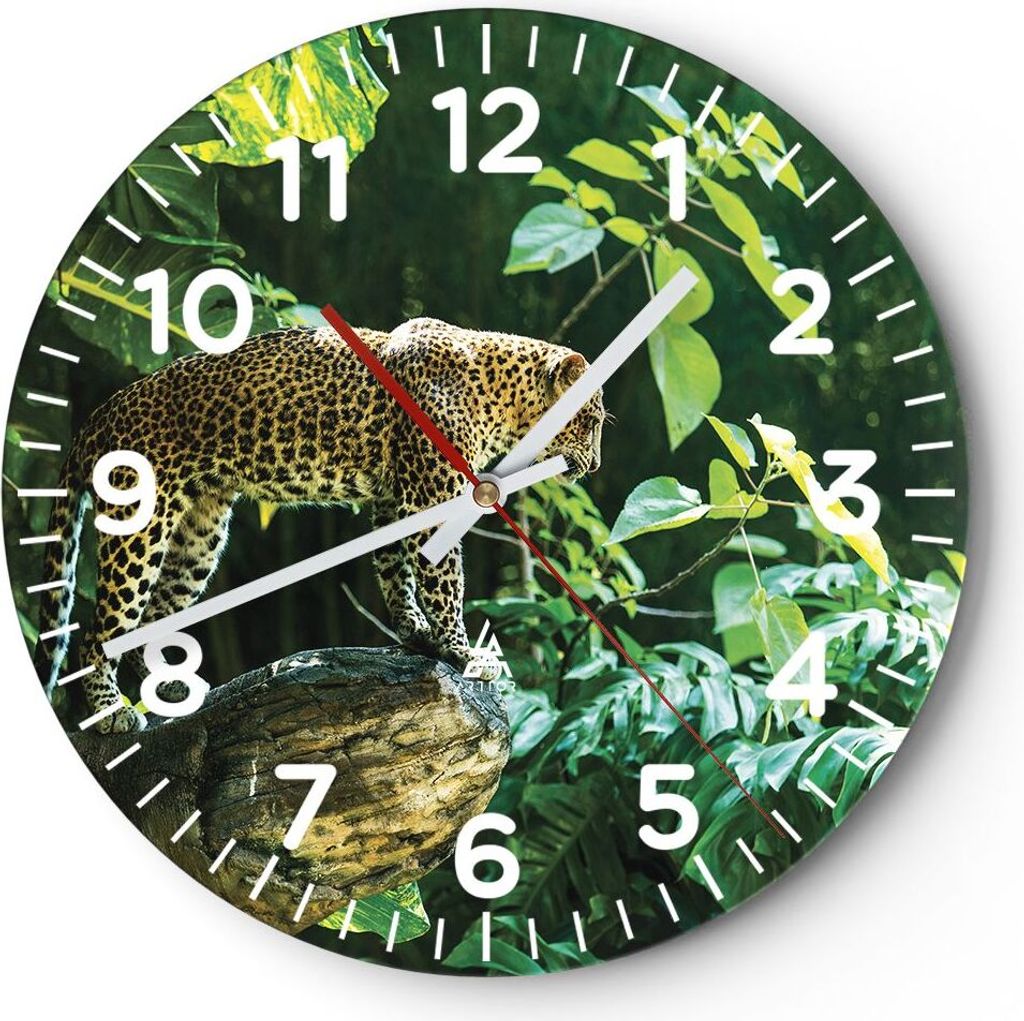 Wanduhr - Rund - Glasuhr - Dschungel Leopard Panther - 30x30cm - Schleichendes Uhrwerk - Lautlos - zum Aufhängen bereit - Dekoration Modern - Wand...