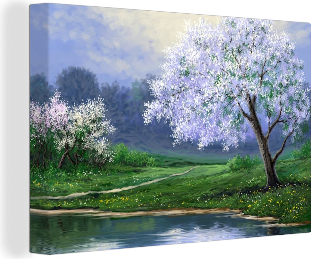 OneMillionCanvasses - Leinwandbilder - 150x100 cm, Malerei - Baum - Blüte - Natur - Wasser, Wandbilder Kunstdruck Wanddekoration - Foto auf Lein...