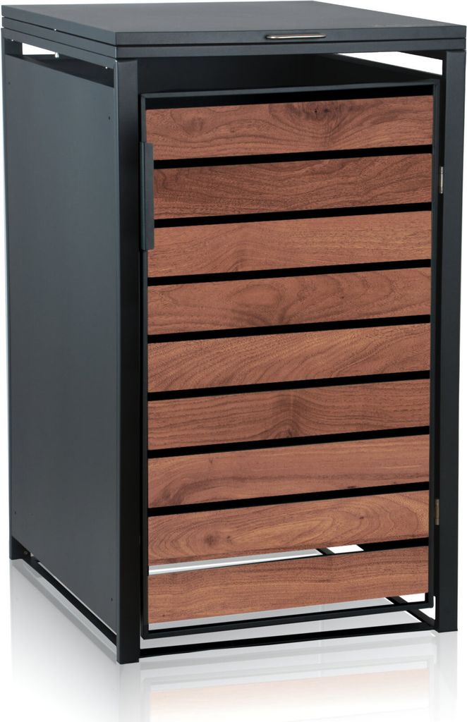 Zelsius Mülltonnenbox für eine Mülltonne | Anthrazit RAL 7016 | Tür in dunkelbrauner Holzoptik