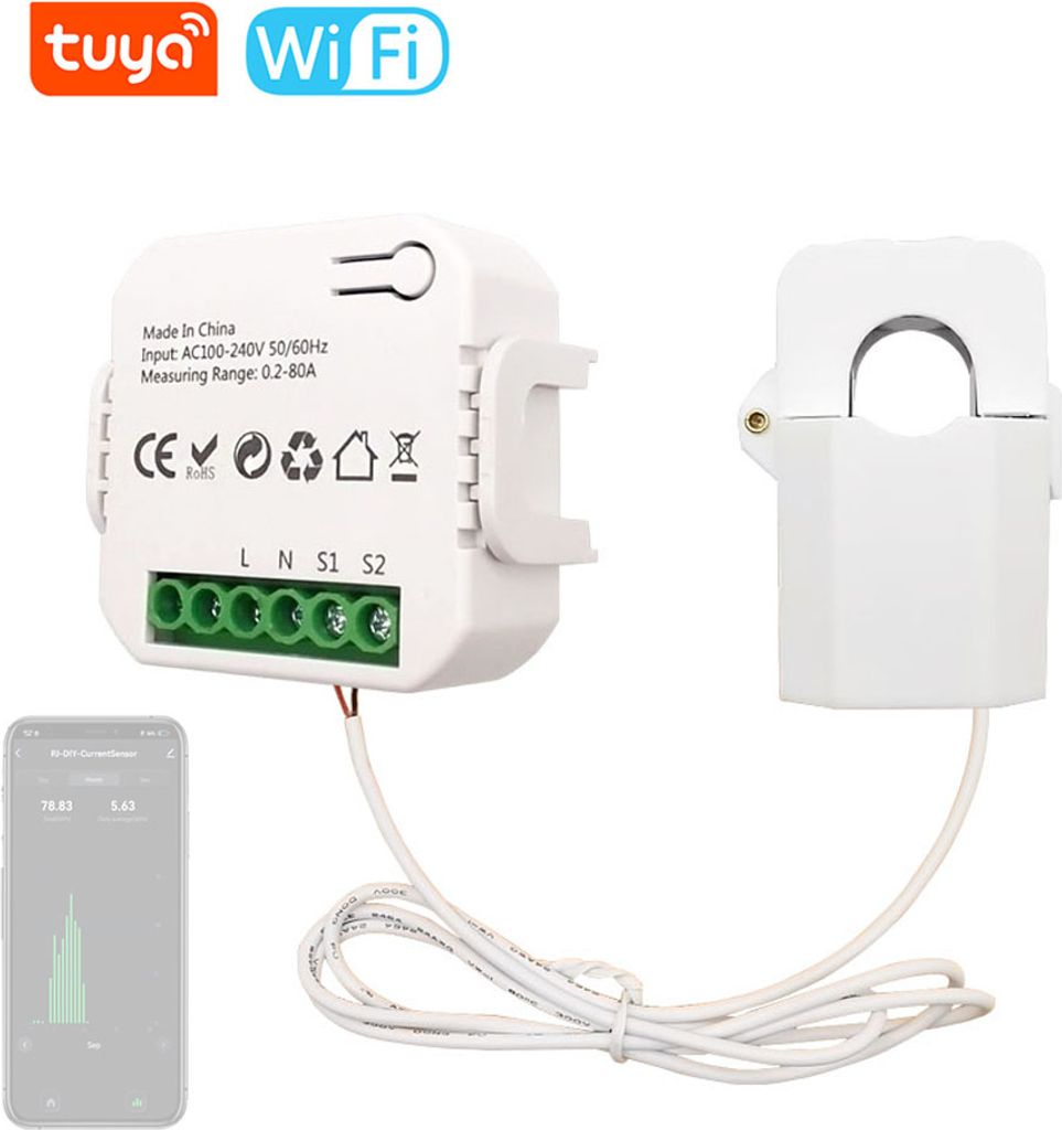 Tuya WiFi 80A Clamp Energy Meter Handy APP Kontrolle Strom Transformator Elektrizität Statistik Monitor Home Automation Device Kompatibel mit Alex...