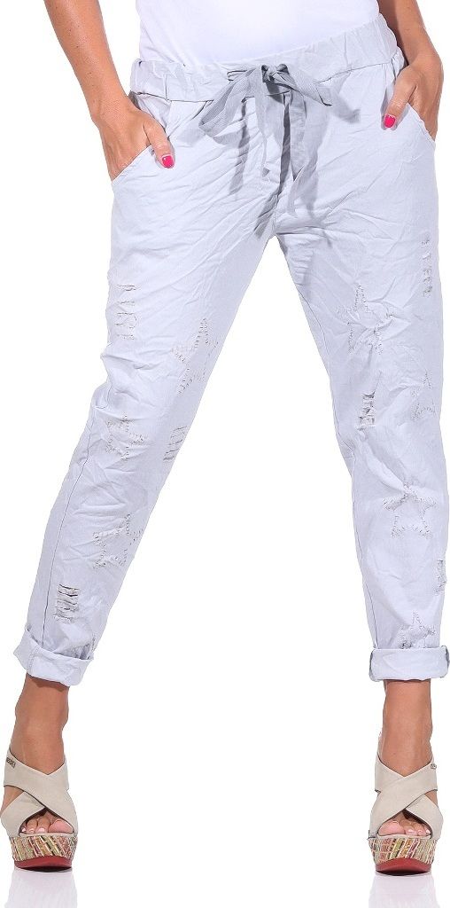 350 Damen Hose Cargohose Sterne Sweatpants Jogginghose Baumwolle Freizeithose Boyfriend Baggy Haremshose zerrissene Hose outfit mit Gummibund hellgrau