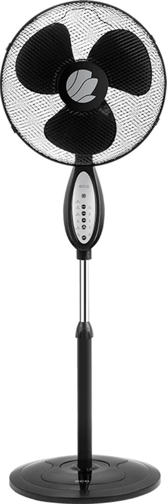 A black and silver stand fan against a white background.