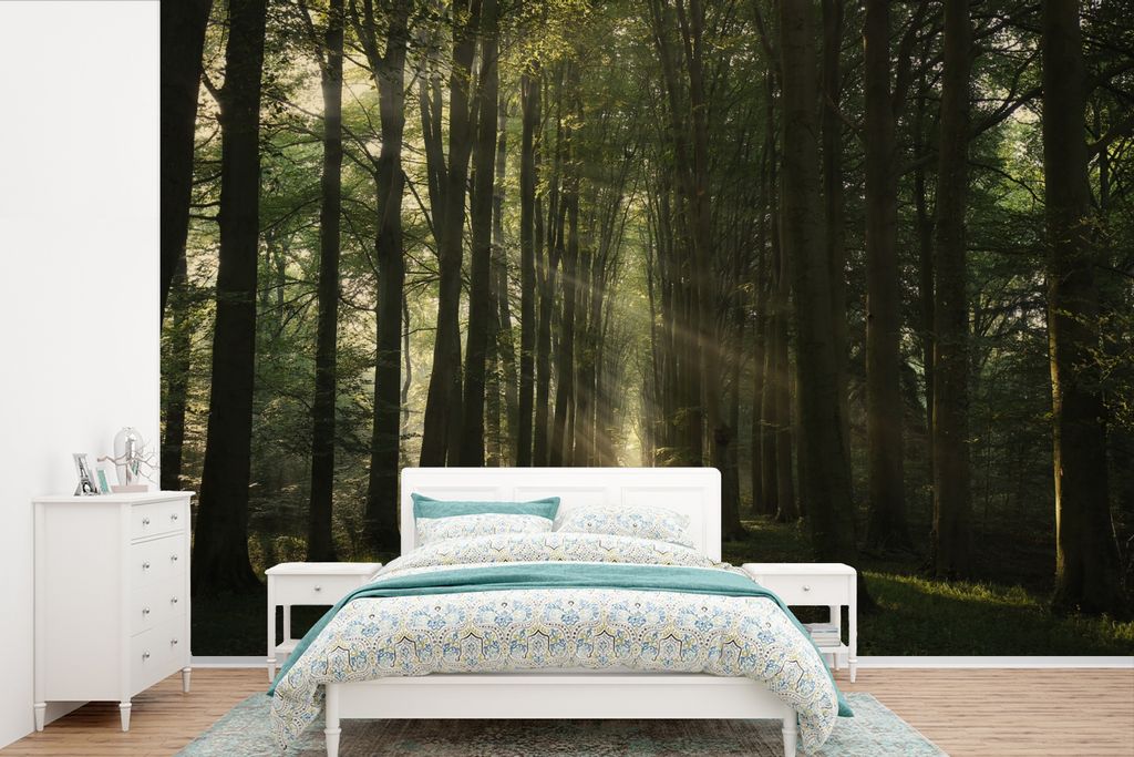 MuchoWow Fototapete für Wohnzimmer oder Schlafzimmer Wandtapete Vinyl Motivtapete Waldweg - Sonnenstrahlen - Horizont - Bäume - Wald - 420x280 ...