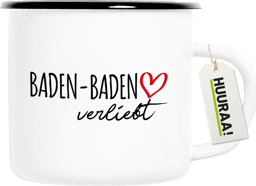 Huuraa Emaille Tasse Baden-Baden verliebt 300ml Vintage Campingbecher Geschenkidee