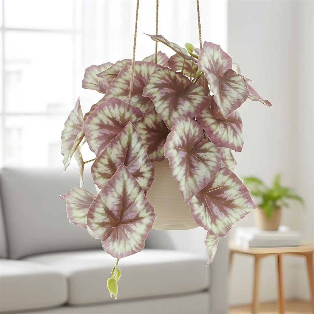 Kunstpflanze "Königsbegonie" Begonia Rex im Hängetopf, Zimmerpflanze hängend im Topf, Hängepflanze künstlich wie echt