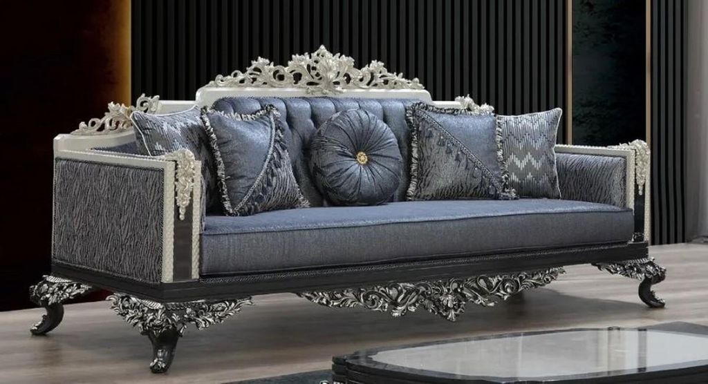 Casa Padrino Luxus Barock Sofa Blau / Grau / Weiß / Schwarz / Silber - Prunkvolles Wohnzimmer Sofa mit elegantem Muster - Barock Wohnzimmer & Hote...