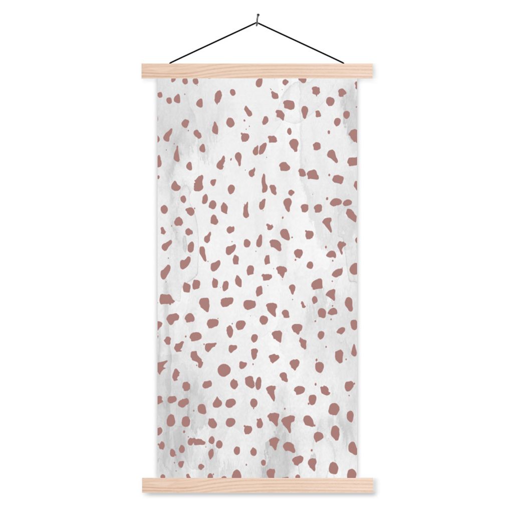 MuchoWow Textilposter Polka dots - Braun - Weiß 40x80 cm mit holzfarbenen Rahmen - Wohnzimmer