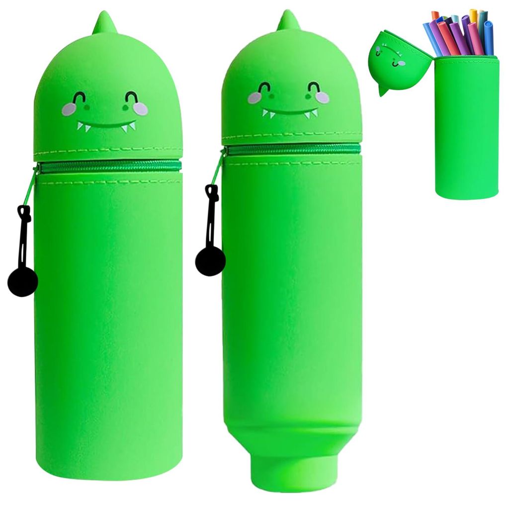 Grünes Dinosaurier-Federmäppchen aus weichem Silikon, 2-in-1-Stiftehalter mit Reißverschluss, wasserdichtes Federmäppchen für die Schule (maxi...