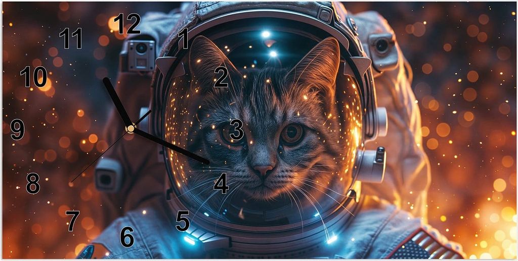 Wanduhr aus Glas mit Motiv Katze im Raumanzug- 60 x 30 cm - inkl. Aufhängesystem