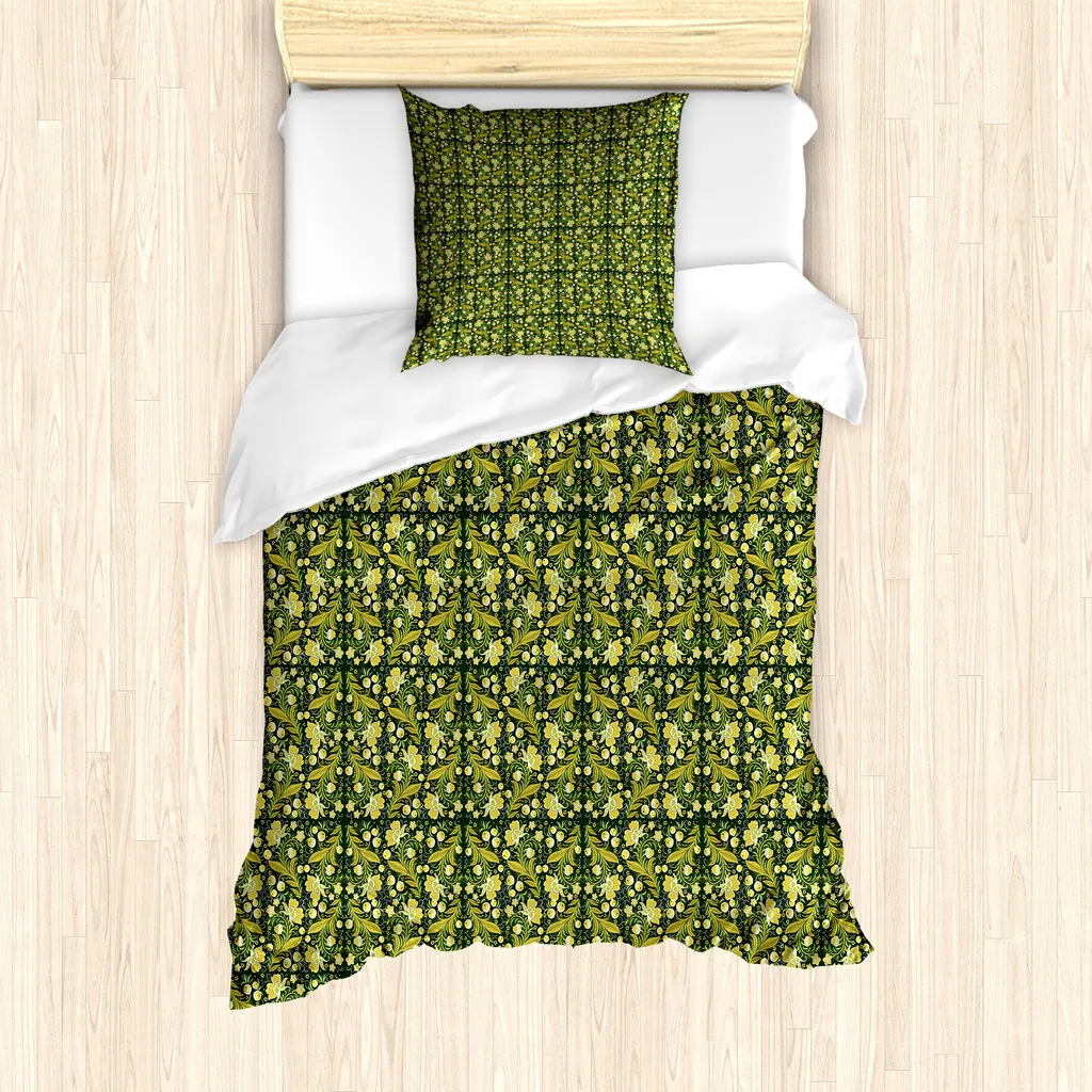 ABAKUHAUS Set copripiumino botanico per letti singoli, motivi floreali Khokhloma, antiacaro, adatto a chi soffre di allergie, con federa, 135 cm x 200 cm - 80 x 80 cm, giallo verde cacciatore - 1