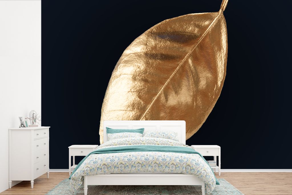MuchoWow Fototapete für Wohnzimmer oder Schlafzimmer Wandtapete Vinyl Motivtapete Blätter - Schwarz und Gold - Luxus - Natur - Pflanzen - 420x2...