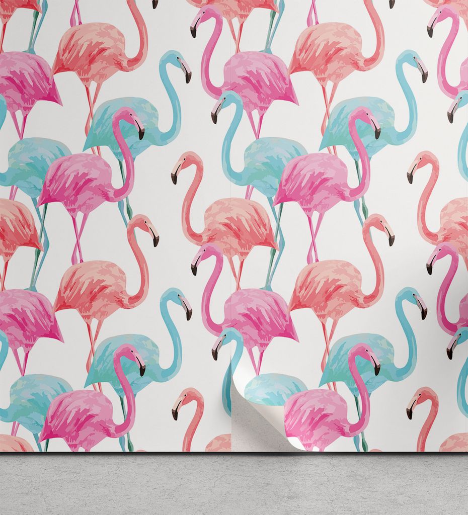 ABAKUHAUS Aquarell abziehbare & klebbare Tapete für Zuhause, Hawaii Flamingos, selbstklebendes Wohnzimmer Küchenakzent, 33 cm x 90 cm, Babyblau L...