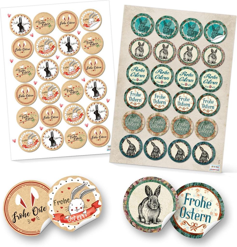 Set 48 Frohe Ostern Aufkleber Osterhase Osterdeko bunt Osteraufkleber rund Verpackung Kindergeschenke Geschenke Give-Away beige rot weiß türkis