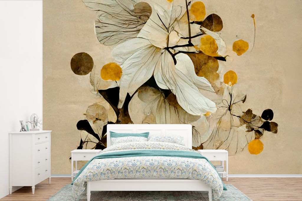 MuchoWow Fototapete für Wohnzimmer oder Schlafzimmer Wandtapete Vinyl Motivtapete Blumen - Pflanzen - Gold - Vintage - 330x220 cm - Fototapeten