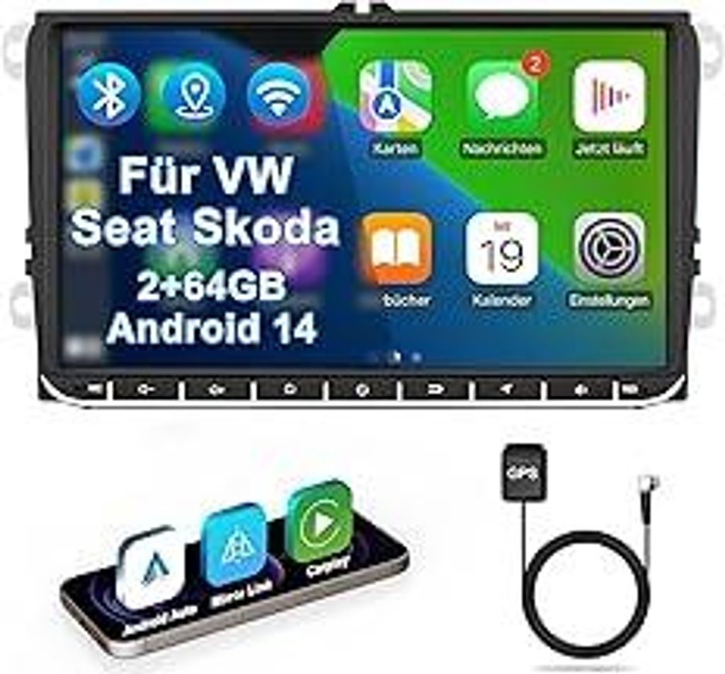 VW Autoradio mit Bildschirm 2+64GB für Golf 5 6 Polo T5 Passat Touran Seat Skoda, 2Din Bluetooth Auto Radio mit Navi DAB WLAN FM/AM, Apple Carplay...