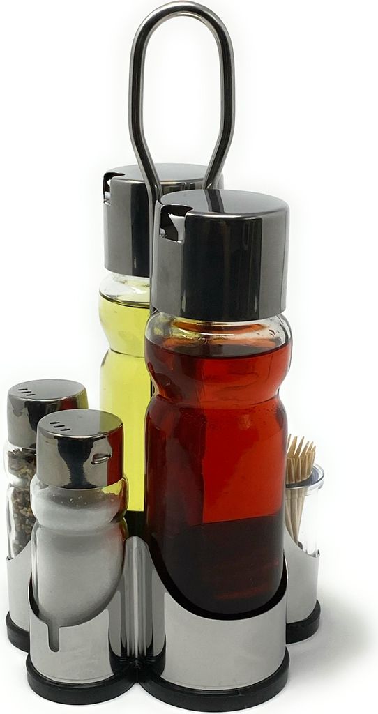Menage Essig und Öl Spender Glas Salz Pfeffer Zahnstocher Set Edelstahl 250 Silber Glas Ölspender