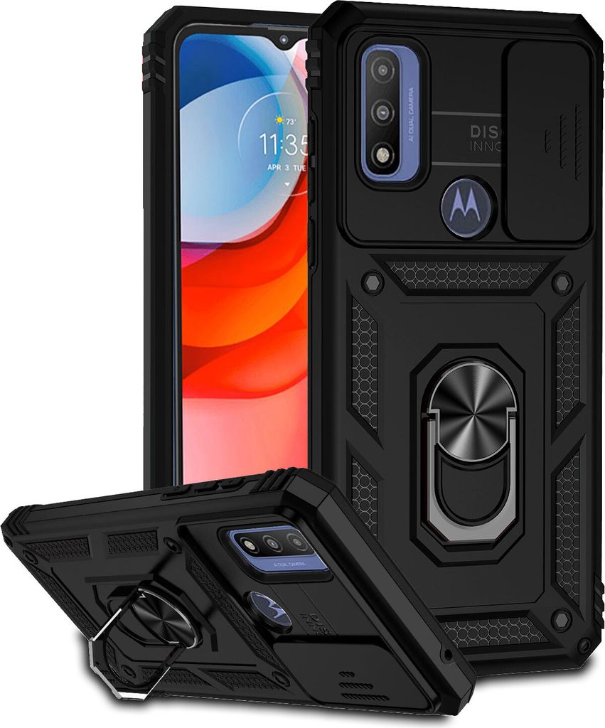 Motorola G Pure Hülle mit Schiebe Kamera Schutz und Ringhalter Ständer Robust Rüstung Schutzhülle für Motorola G Pure Schwarz