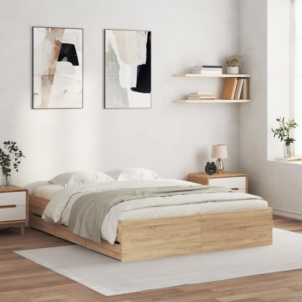 Design Bettgestell mit Schubladen Sonoma-Eiche 150x200cm Holzwerkstoff, Klassische Betten 2024 Neu