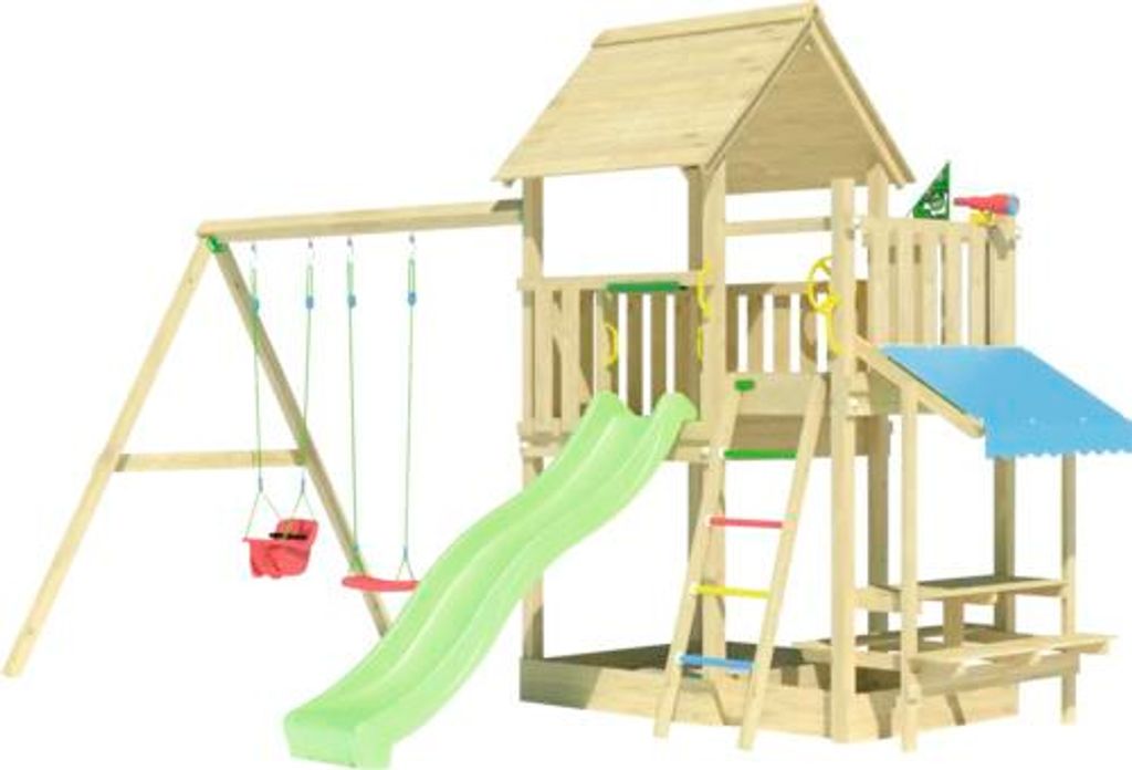 Doppelschaukel Spielhaus mit Stelzen Jungle Gym 476 x 306 cm Holz grün
