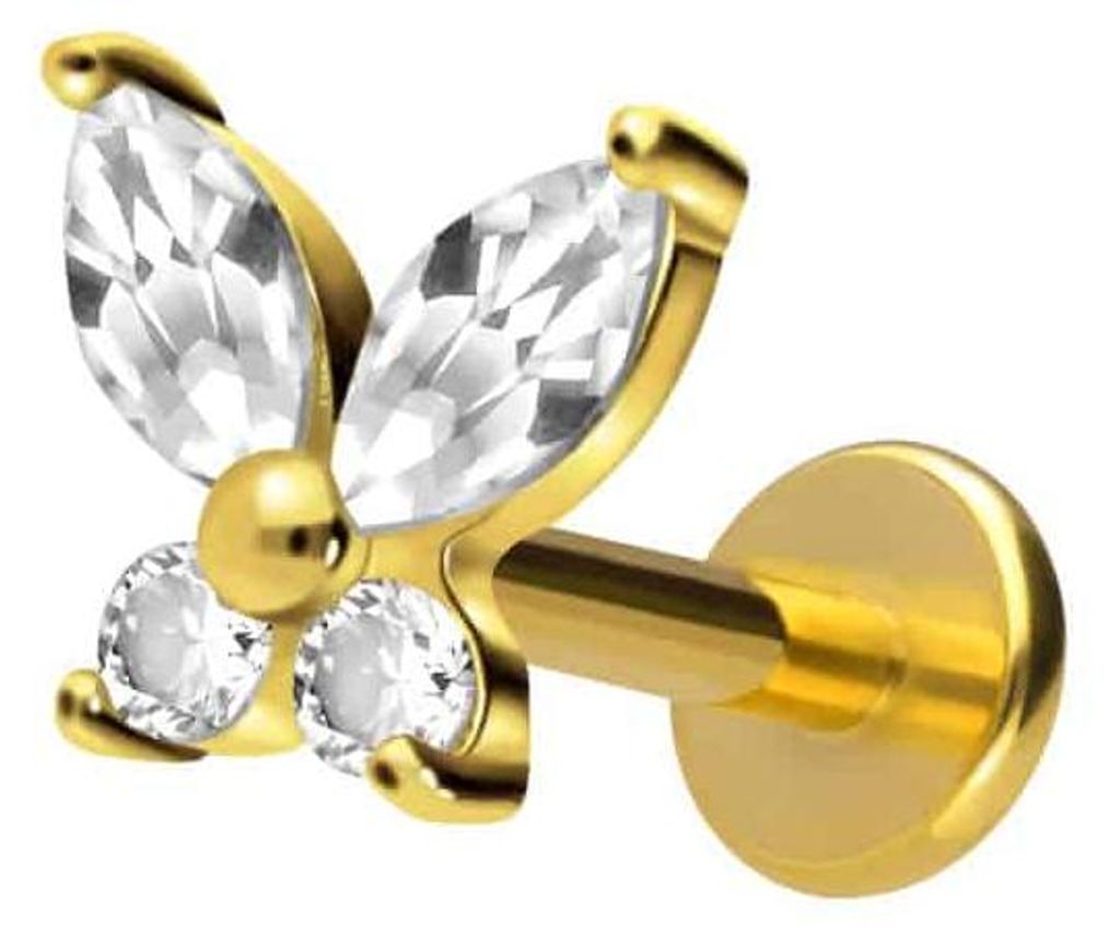 Ohrpiercing, Nasenpiercing Titan Labret mit Innengewinde KRISTALLSCHMETTERLING Gold Stablänge: 6mm | Stabstärke: 1,6mm