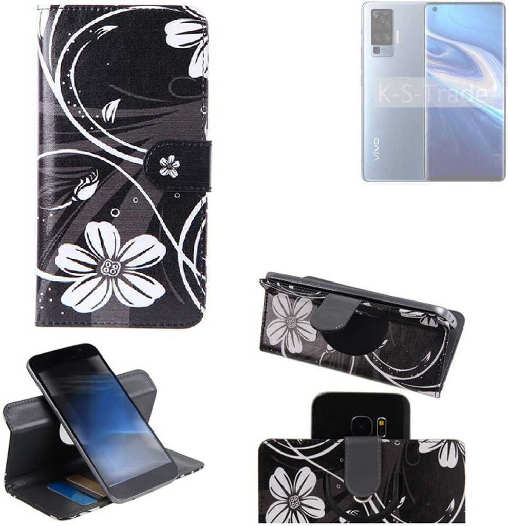 K-S-Trade Schutzhülle Handyhülle kompatibel mit Vivo X51 5G Hülle 360° Wallet Case “Flowers“ Klapphülle Hülle schwarz-weiß 1x