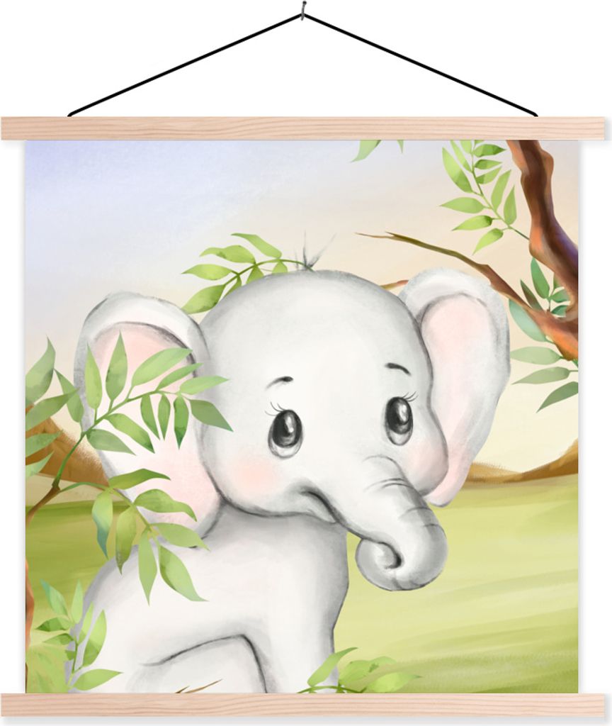 MuchoWow Textilposter Elefant - Dschungel - Blätter 60x60 cm mit holzfarbenen Rahmen - Wanddekoration