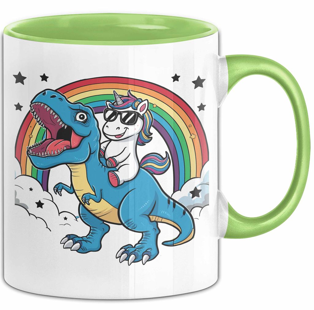 Einhorn Liebhaber Tasse Geschenk Einhorn Reitet Auf Dinosauriere T-Rex Dino Frauen Geschenk (Grün)