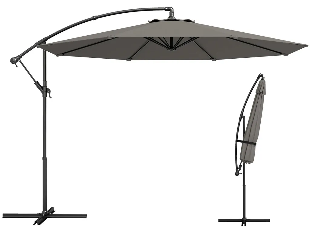 Parasol à mât central Ø 300 cm Gris - Toile inclinable avec manivelle