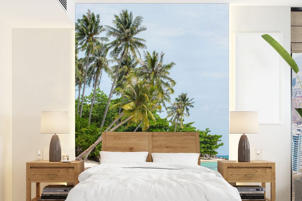 MuchoWow Fototapete für Wohnzimmer oder Schlafzimmer Wandtapete Vinyl Motivtapete Palmen - Strand - Sommer - Tropisch - 195x260 cm - Wandbild