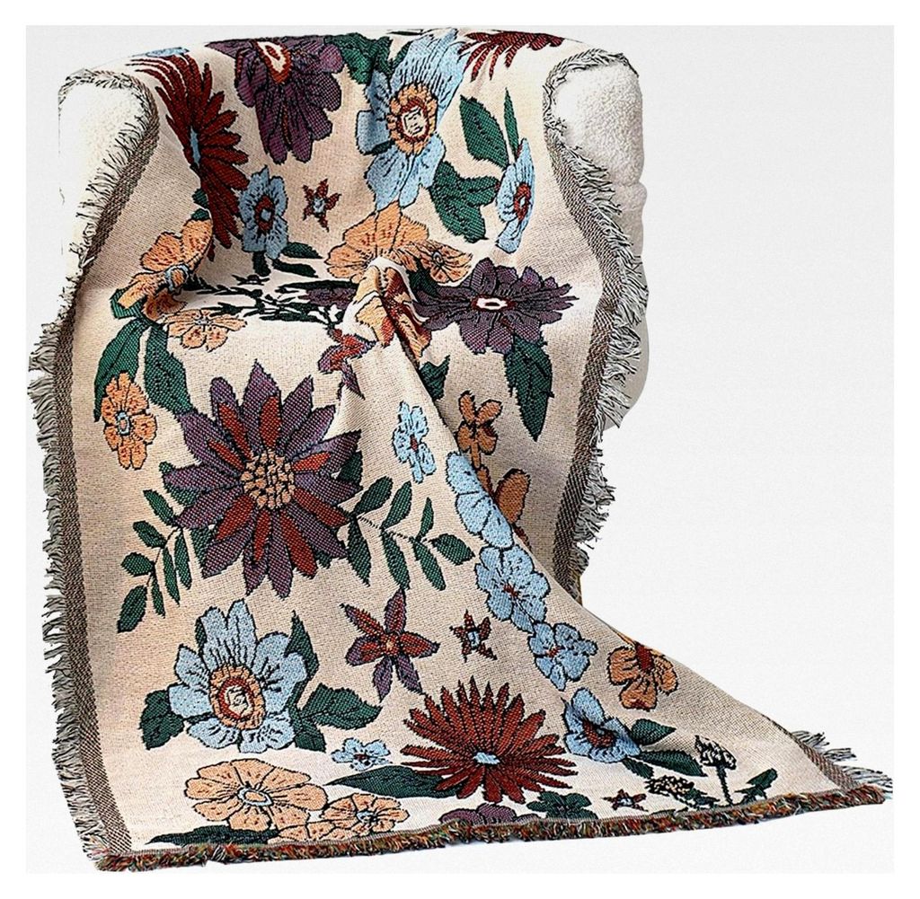 Boho Sofaüberwurf Vintage Wohndecke Flauschige Decke mit Blumenmuster Dekorative Sofadecken mit Fransen 85 x 180 cm für Wohnzimmer und Schlafzimmer