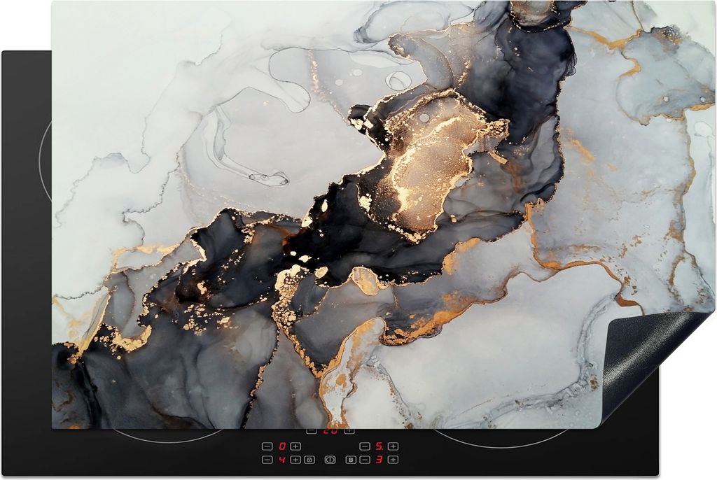 KitchenYeah Herdabdeckplatte Schwarz - Marmor - Luxus - Gold , 81x52cm, Küche Deko, Glaskeramikfeld Herdabdeckung, Abdeckplatte fùr Kochfeld