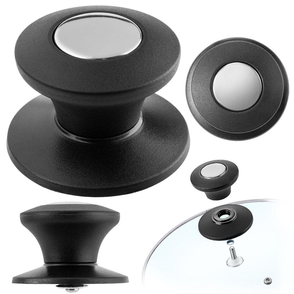 A collection of black pot lid handles with silver accents, displayed on a white background.